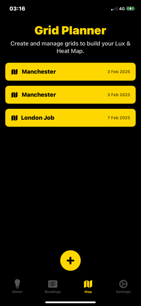 Lux Meter Pros - 럭스 및 열 매핑을 위한 저장된 작업 위치 목록을 표시하는 Lux Meter Pros 앱의 Grid Planner 화면