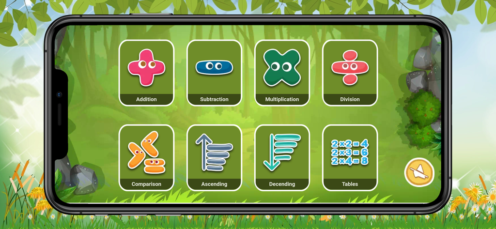 Basic maths learn - Main menu of the Basic maths learn app showing categories for addition subtraction multiplication and division on a jungle themed background