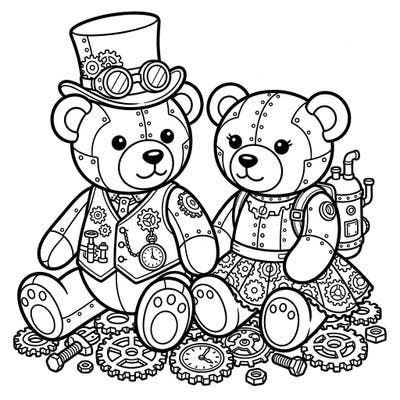 Unleash your creativity with this unique coloring page featuring two adorable steampunk teddy bears. Adorned with gears, goggles, and charming Victorian details, they're ready for an imaginative splash of color.