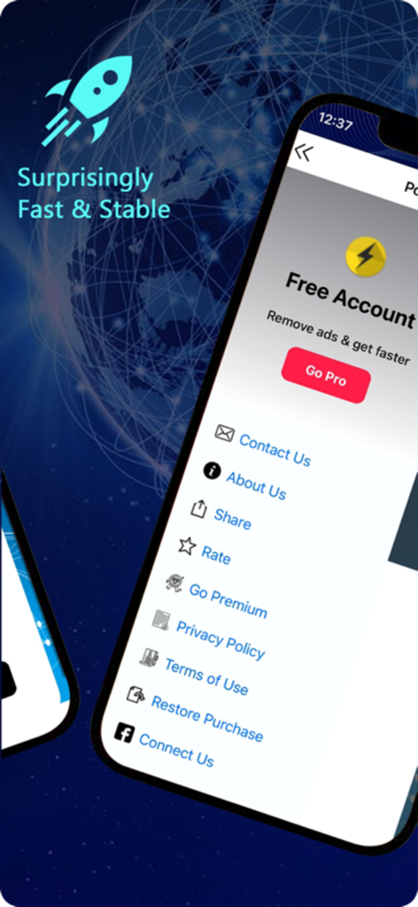 Power VPN settings menu displaying free account options and speed features