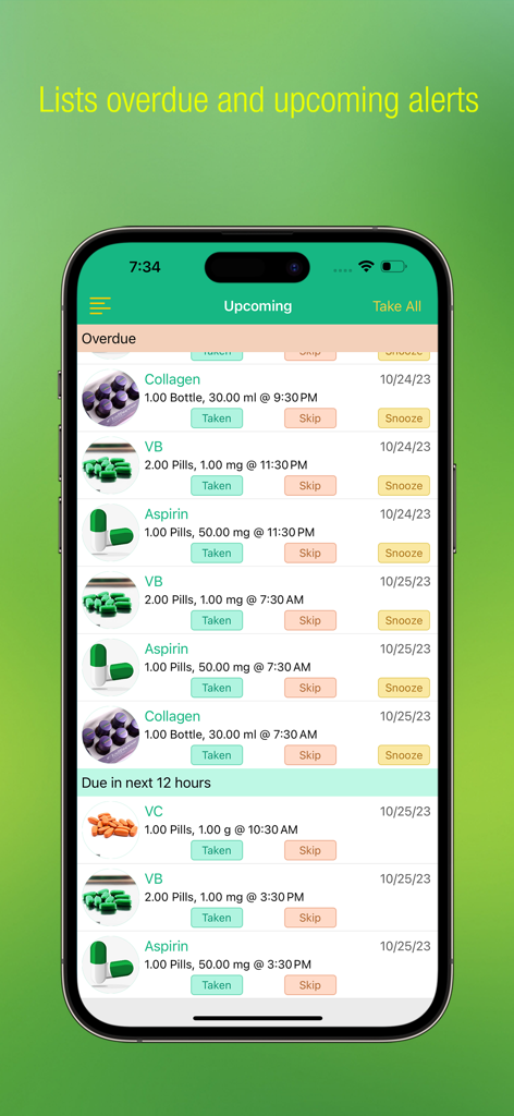 Pill Alert Pro - L'interface de l'application Pill Alert Pro affiche une liste de rappels de médicaments en retard et à venir, avec des options pour prendre, ignorer ou reporter.