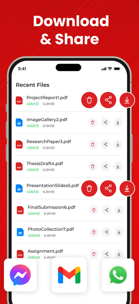 PDF Compressor－Compress PDF - Pantalla móvil que muestra archivos PDF comprimidos listos para descargar y compartir a través de aplicaciones sociales y de correo electrónico.