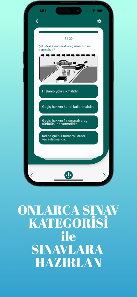 Quizilla - Quizilla mobile app interface showing a driving test question with car traffic illustration
