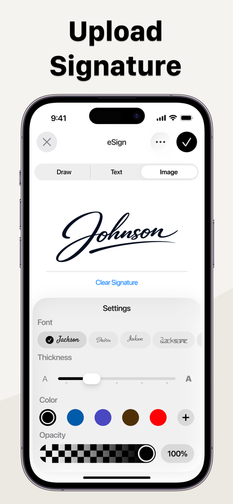 Signature: Fill and Sign PDF - Digital signature customization interface on iPhone showing font and color options