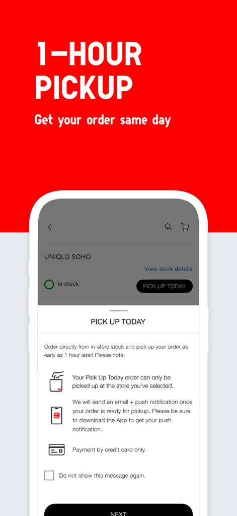 UNIQLO app screen showcasing the one hour in store pickup feature for same day orders