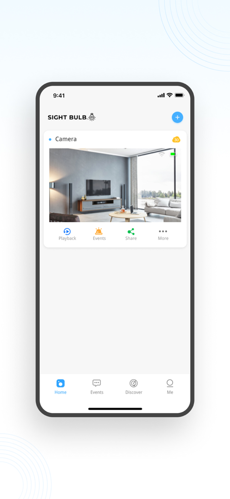 Sight Bulb - Sight Bulb app interface showing a home security camera live feed and navigation menu