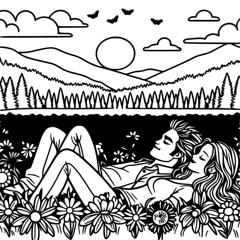 edward and bella in the flower field in a sunset laying down in the flowers