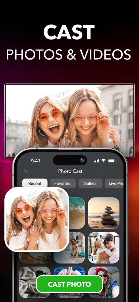Interfaz de la aplicación de iPhone para enviar fotos y vídeos a una pantalla de TV