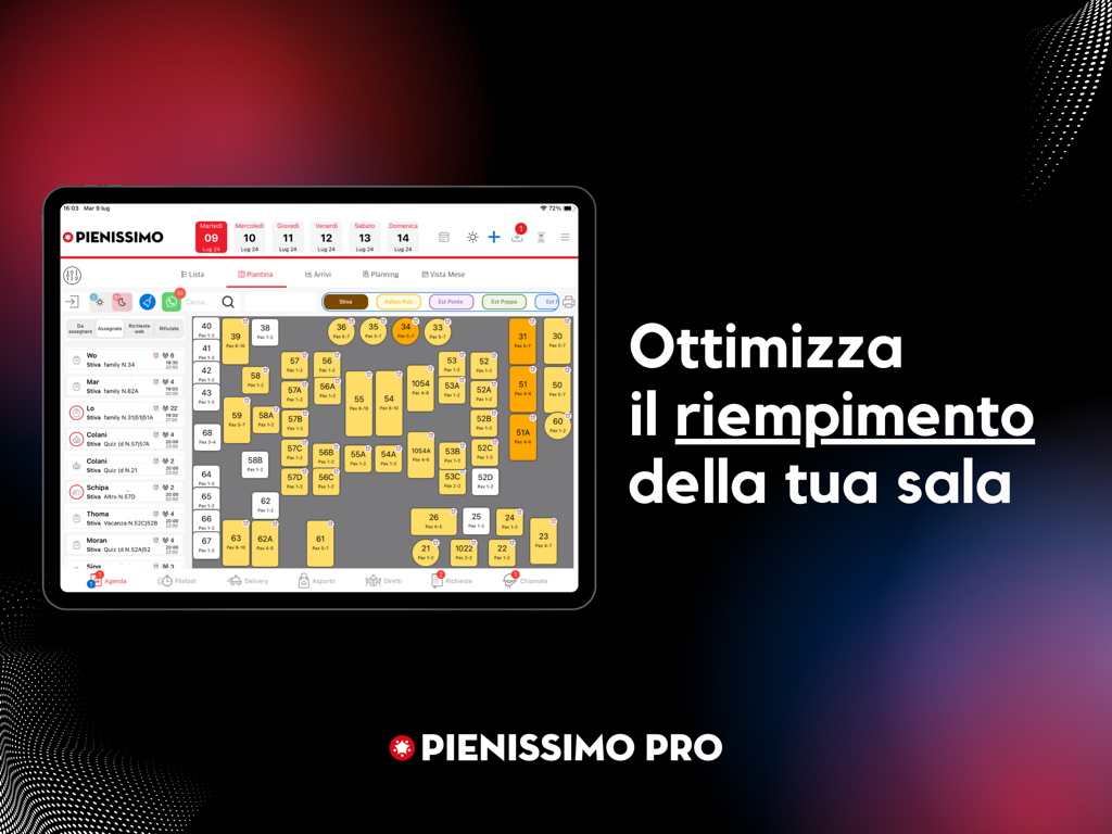 Pienissimo Pro - Pienissimo Pro app interface on an iPad showing a restaurant floor plan with table occupancy management