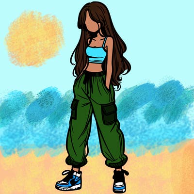girl in baggy pants crop top and long hair