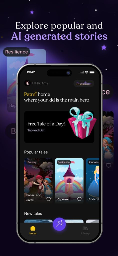 Patmi: AI Storyteller for Kids - Patmi app home screen featuring popular and AI generated stories for children