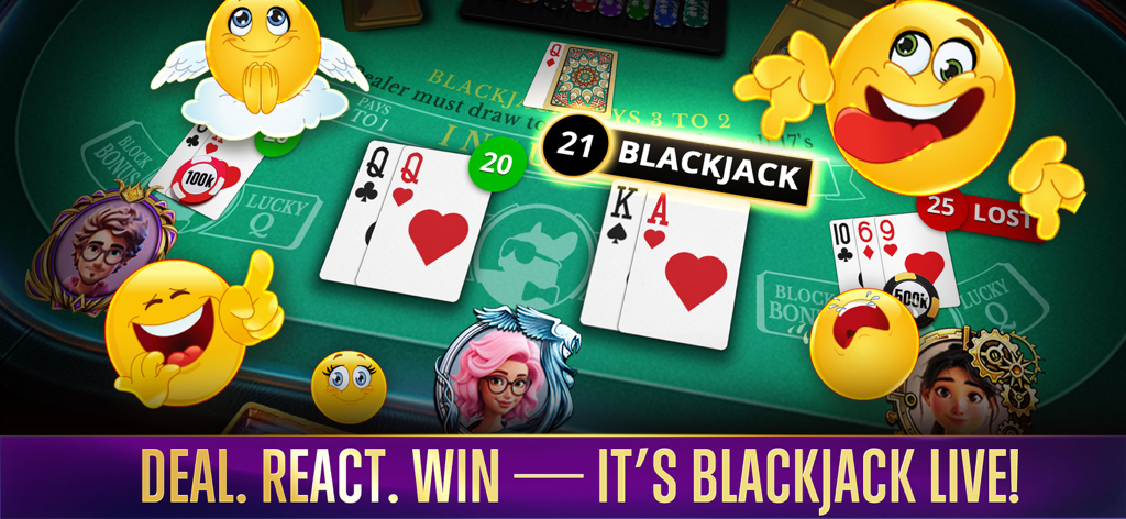 Lucky Bang: Online Casino - Mesa de blackjack de casino online Lucky Bang mostrando una mano ganadora de 21 con varias reacciones de emoji animadas y avatares de jugadores.