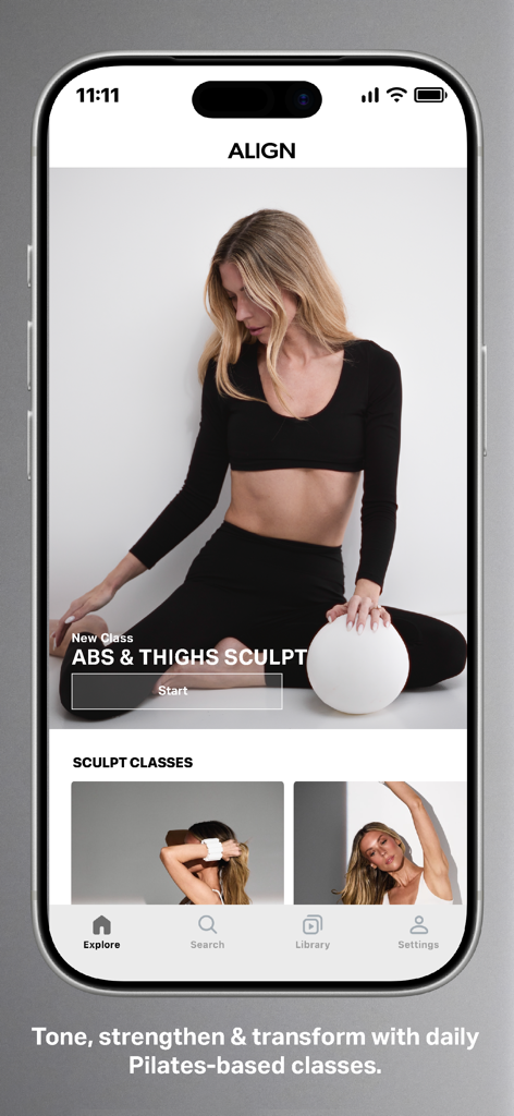 Align Pilates by Bailey Brown - Screenshot of the Align Pilates app showing an abs and thighs sculpt workout class with instructor Bailey Brown