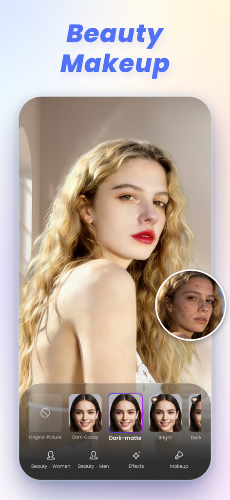 VikPea - AI Video Enhancer - Fonctionnalité de maquillage beauté de l'amélioration vidéo IA VikPea montrant lissage de la peau et effets de maquillage sur une mannequin