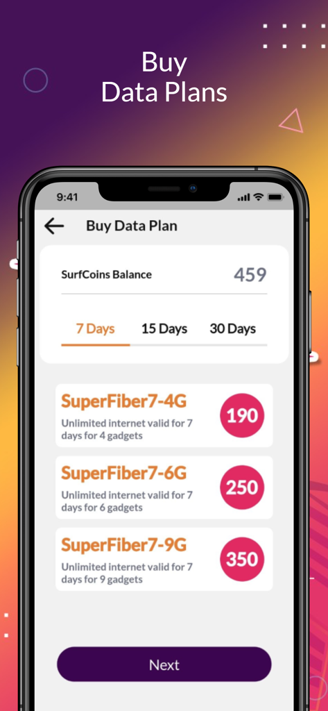SurfCoins - SurfCoins app interface showing prepaid fiber internet data plan options