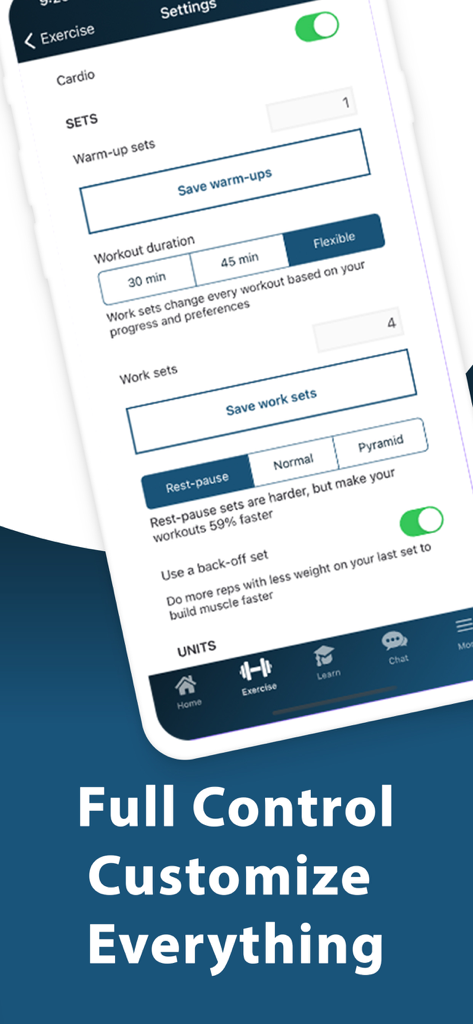 ワークアウトのセット時間やレストポーズなどのトレーニングテクニックをカスタマイズするためのDr. Muscleアプリのインターフェース。