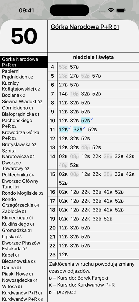 Public transport timetable for line 50 in Krakow showing stops and departure times for Sundays and holidays
