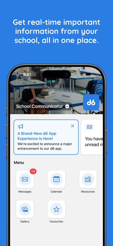 d6 School Communicator - d6 School Communicator app main menu showing school messages and calendar