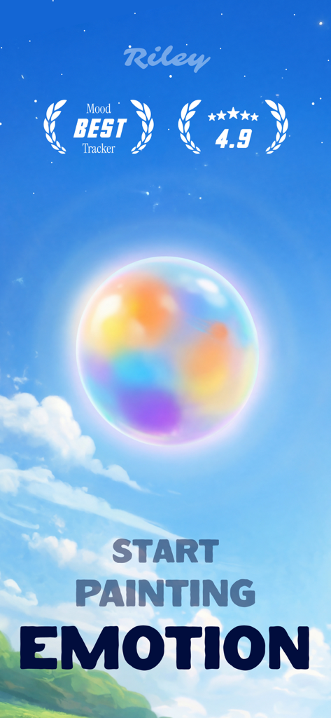 Emotion Tracker : Riley - Riley 앱을 위한 '감정 그리기 시작'이라는 텍스트와 함께 파란 하늘에 떠 있는 생생한 3D 기분 구체