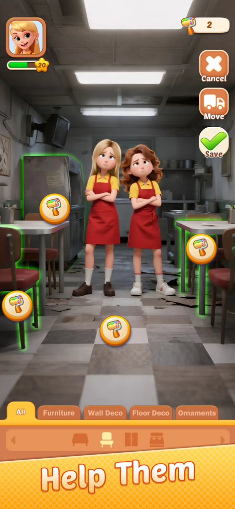 Two girls in red aprons standing in a rundown restaurant with renovation options