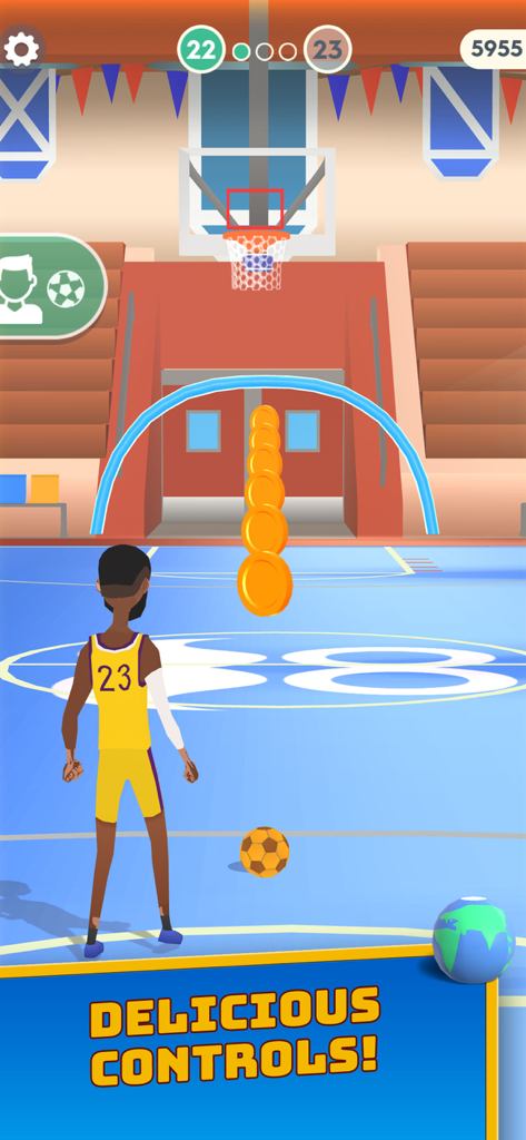 Un personnage tirant un ballon de football dans un panier de basket dans le jeu mobile Flick Goal.