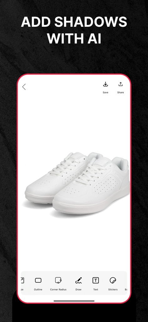 Interface do aplicativo AI Photo Enhancer mostrando o recurso de sombras de IA aplicado a uma foto de produto de tênis brancos.