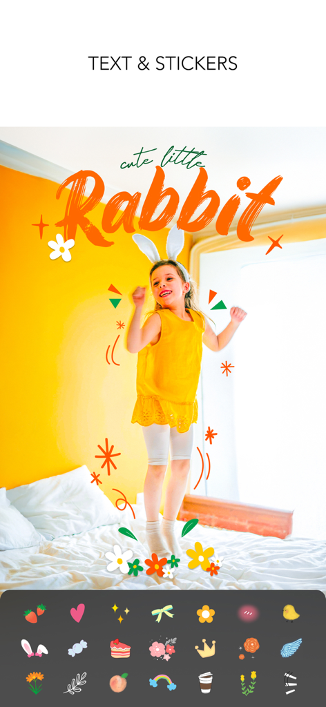 MOLDIV Photo Editor, Collage - A photo of a young girl jumping on a bed edited with playful stickers and colorful text overlays in the MOLDIV app.