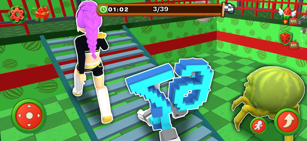 Watermelon World Challenge - A character with purple hair navigating a colorful watermelon themed obstacle course in the Watermelon World Challenge mobile game.