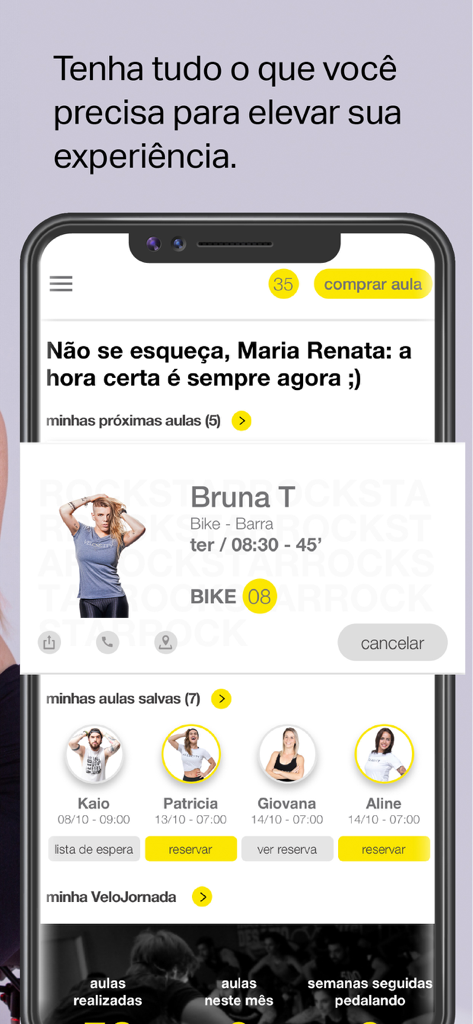 Interfaz de la aplicación Studio Velocity mostrando detalles de reserva de clases y lista de instructores