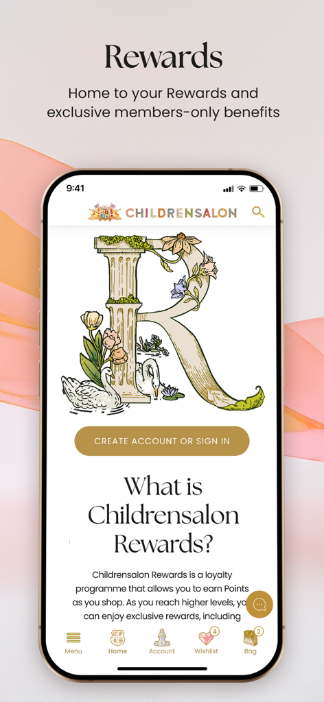 Childrensalon - Childrensalon app rewards screen with loyalty program information and artistic floral letter R