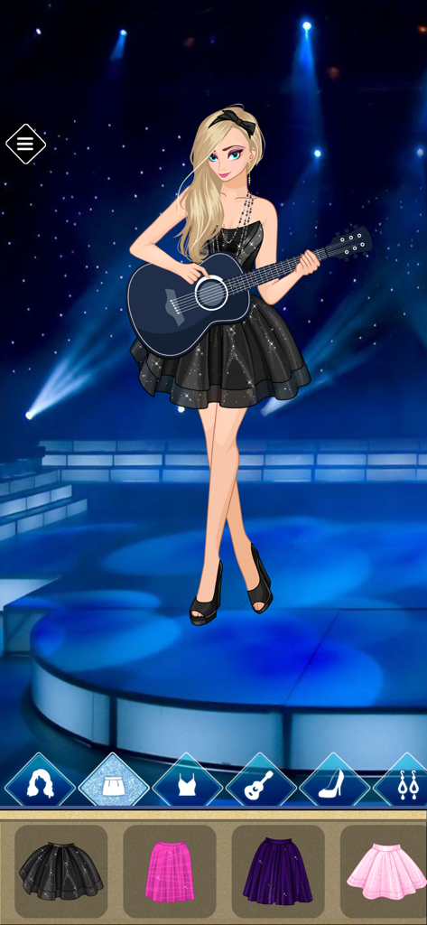 Sevelina BFF Dress Up Game - ドレスアップゲームのステージでギターを持ったロックスター姿の女の子キャラクター