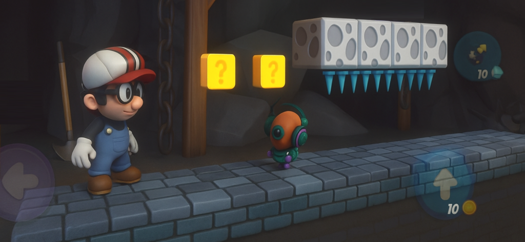 Super Adventure : Pepe - Pepe character navigating a dark cave level with mystery blocks and spikes in a platformer game