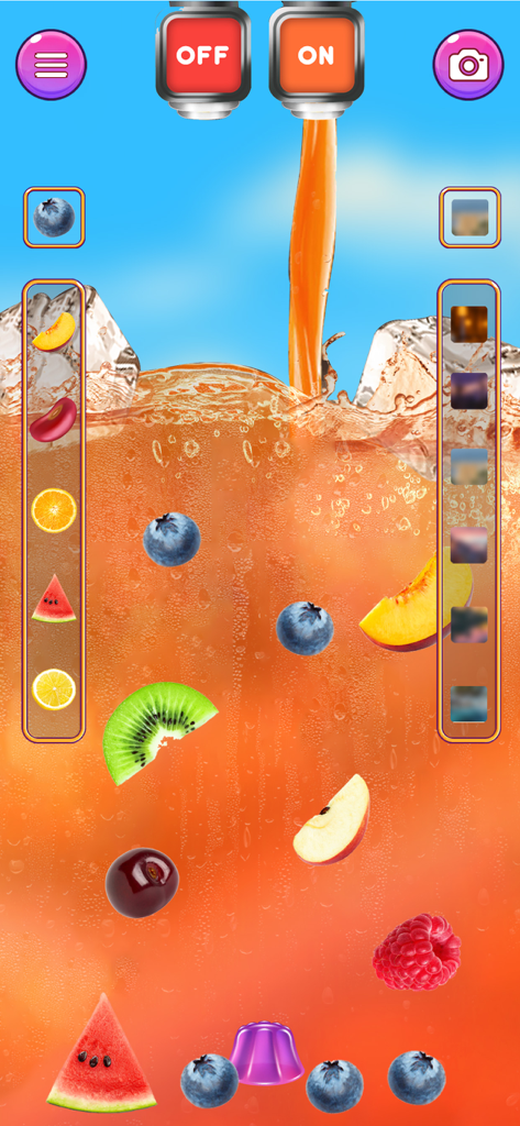 Boba Tea Maker: Bubble Recipe - ブルーベリーとキウイスライスが浮かぶオレンジ色のフルーツティーが注がれているモバイルゲーム画面