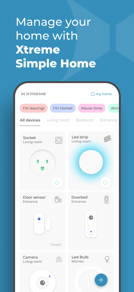 Xtreme Connected Simple Home - Xtreme Connected Simple Home app interface showing controls for smart sockets lights and door sensors