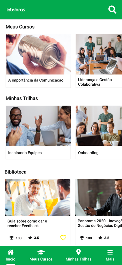 Portal do Conhecimento - Interface of the Portal do Conhecimento app showing the courses dashboard with categories for My Courses, My Learning Paths, and Library.