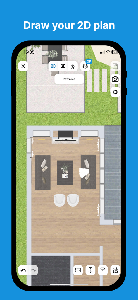 User interface of the HomeByMe app showing a 2D top-down floor plan of a furnished living room and an outdoor patio.