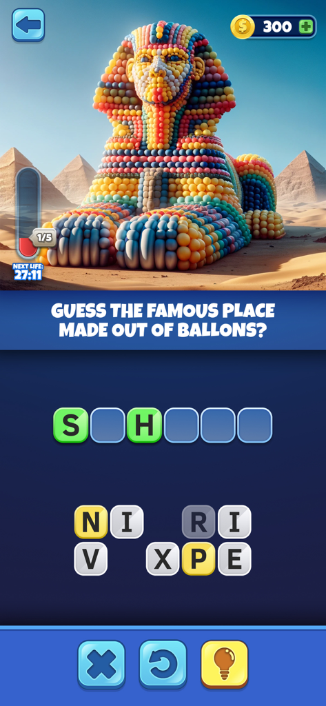 Pantalla de juego de la aplicación Trivia AI con una Esfinge generada por IA hecha de globos de colores y un puzzle de palabras