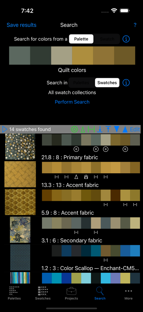 Resultados de pesquisa do aplicativo Color Hints exibindo amostras de tecidos e paletas de cores correspondentes para um projeto de quilt