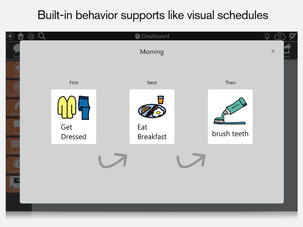 Cronograma visual para a rotina matinal no aplicativo TD Snap mostrando etapas para se vestir, tomar café da manhã e escovar os dentes