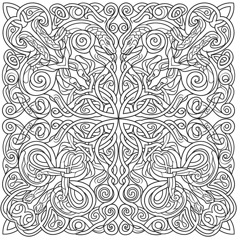 Discover a stunning Celtic knot coloring page adorned with winding serpents, symbolizing rebirth and eternity. This intricate design offers a challenging yet deeply satisfying artistic experience for adults and teens.