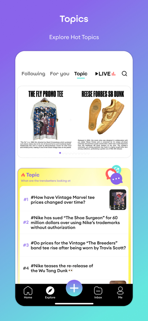 ezze: Stream, Shop & Socialize - A screenshot of the Ezze app showing trending vintage streetwear and sneaker topics