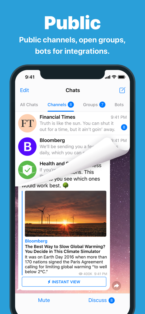 L'interface de l'application Telegram montrant des chaînes d'actualités publiques, notamment Bloomberg et Financial Times, sur un écran de téléphone.