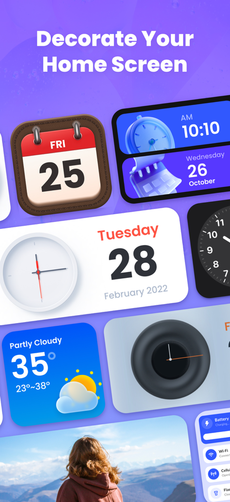 Color Widgets Kit - iWidgets - A variety of colorful and aesthetic iOS widgets including clock, calendar, and weather on a purple background.