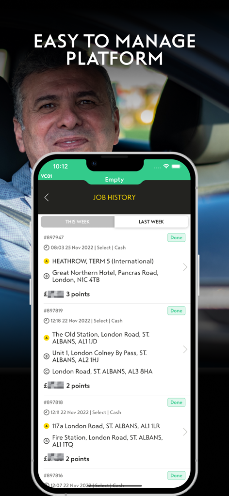 Addison Lee Driver - Addison Lee Driver app job history screen showing list of completed trips