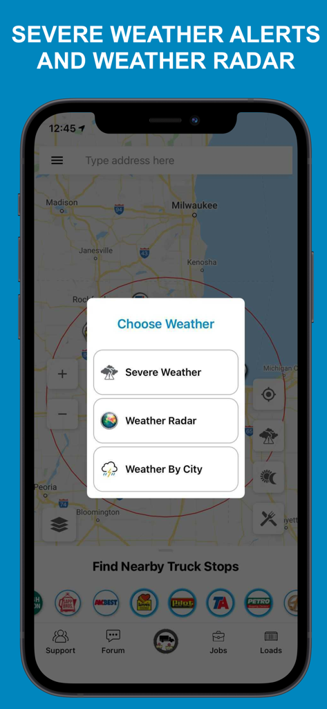 Road Hunter truck navigation app showing severe weather alerts and weather radar features on a map.