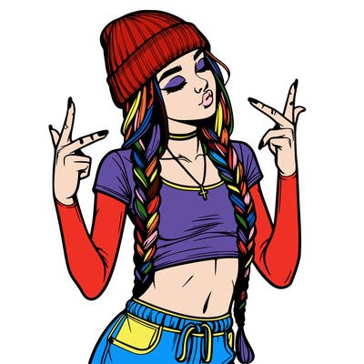 realistic teenage girl with braids and a beanie and crop top doing 🫶🏼