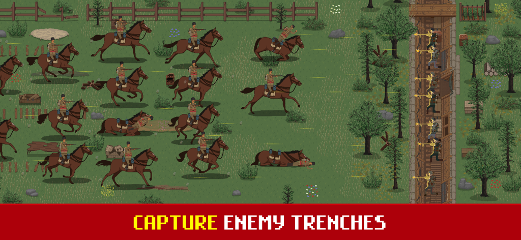 Trench Warfare WW1: Army War - Carga de caballería pixel art en el juego Guerra de Trincheras WW1 mostrando caballos y soldados atacando una torre defensiva.
