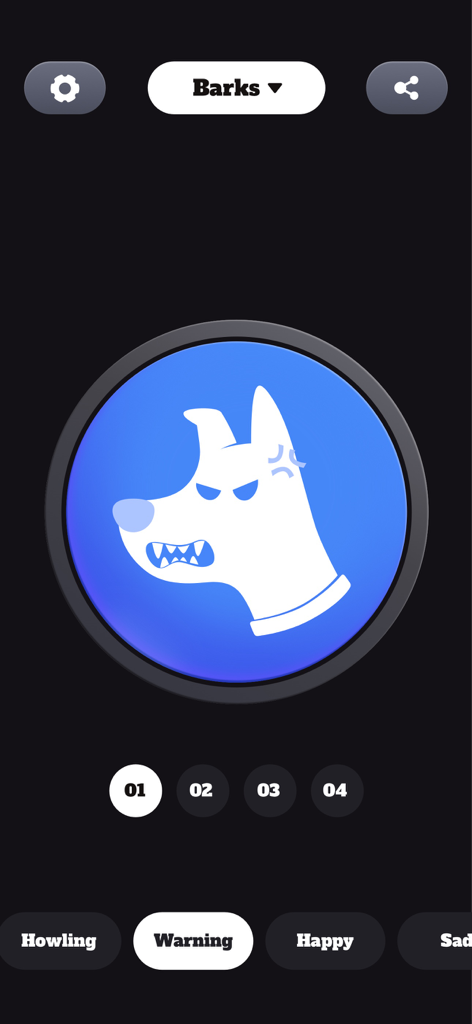 Dog Barking App - Barks & Toys - Interface of the Dog Barking App showing the Warning bark sound category with an angry dog illustration