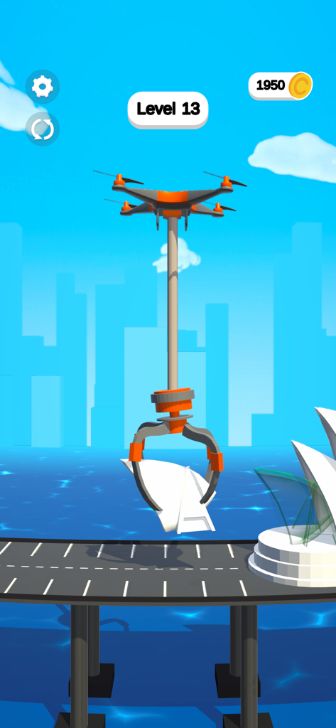 Claw Builder: Drone Machine - A builder drone with a claw machine grabber carrying a white sail piece to repair a monument in the game Claw Builder