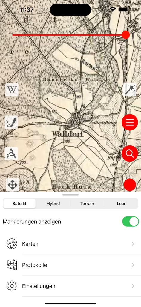 Vetus Maps app interface showing a historical map overlay with a transparency slider